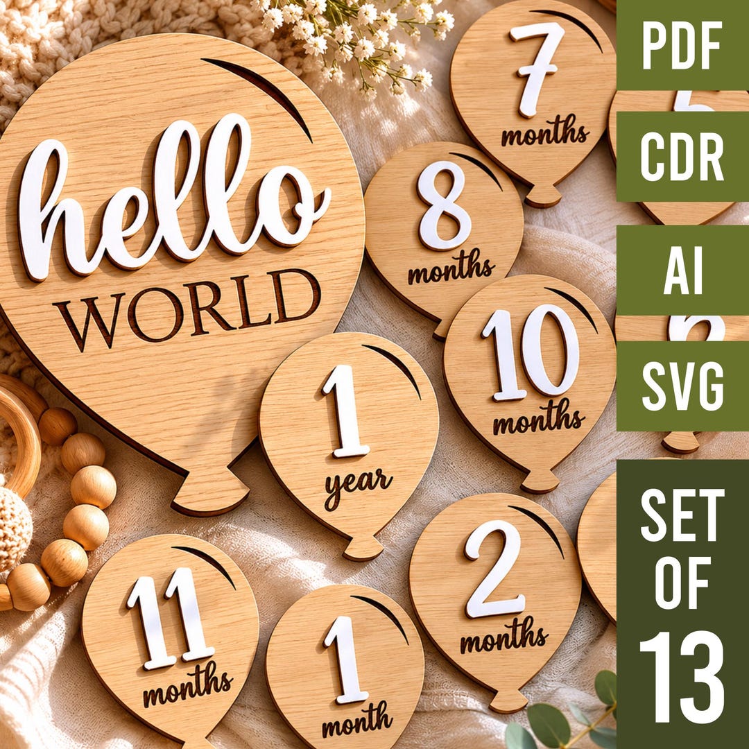 Baby Milestone Cards SVG, Layered Balloon Monthly Markers Laser Cut ...