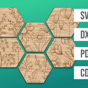 Arquivo digital cortado a laser - Conjunto de 6 bases para copos com padrão floral hexagonal