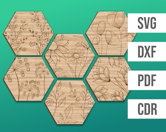 May include: Six hexagonal wood tiles with different floral designs, including sunflowers, tulips, and wildflowers. The tiles are arranged in a honeycomb pattern. SVG, DXF, PDF, and CDR file formats are listed on the right side of the image.