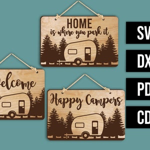 Archivo cortado con láser - Conjunto de 3 carteles de camping