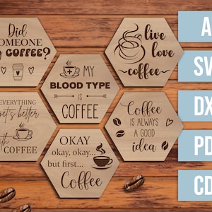 Archivo digital cortado con láser - Juego de 6 posavasos de café hexagonales