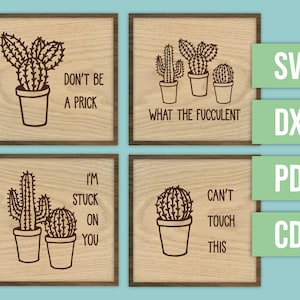 Lasergesneden bestand - Set van 4 Cactus-kunstwerken, inclusief displaystandaard van 3 mm en 6 mm