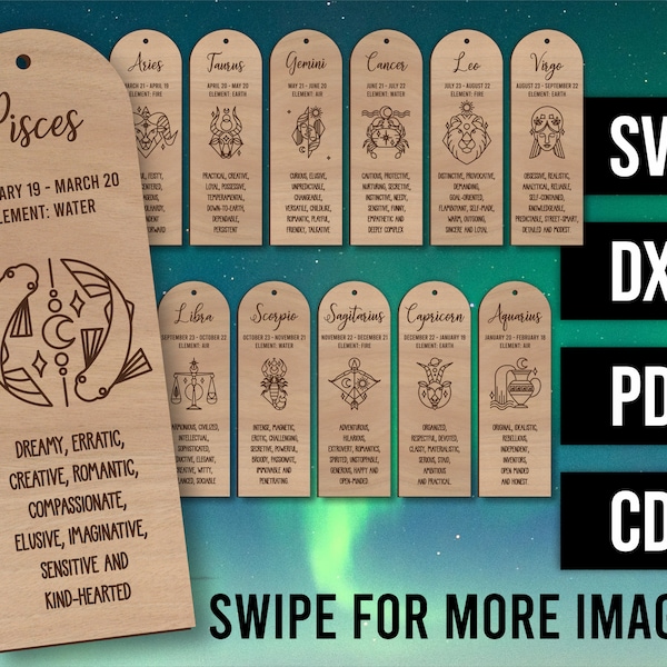 Laser cut file - Set of 12 Zodiac Bookmarks