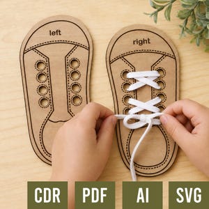 May include: Two light brown wooden shoe-shaped boards for practicing lacing, labeled left and right. The right board features white shoelaces threaded through the holes and tied in a bow. The boards have laser-cut outlines of sneakers.