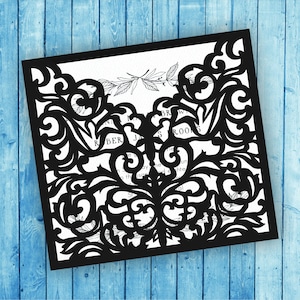 Fichier découpé au laser pour une belle invitation de mariage ornée. 145x135mm une fois plié.