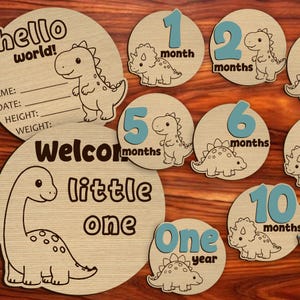 May include: A collection of circular wooden milestone markers featuring engraved dinosaur illustrations and blue accents. The set includes a 'hello world' birth announcement disc with lines for name, date, height, and weight, plus various monthly age markers from one month to one year, each displaying a unique dinosaur character.