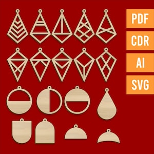 May include: A collection of laser-cut wooden earring designs in various geometric shapes, including triangles, diamonds, circles, and teardrops. The earrings are displayed against a red background, with text labels for PDF, CDR, AI, and SVG file formats.