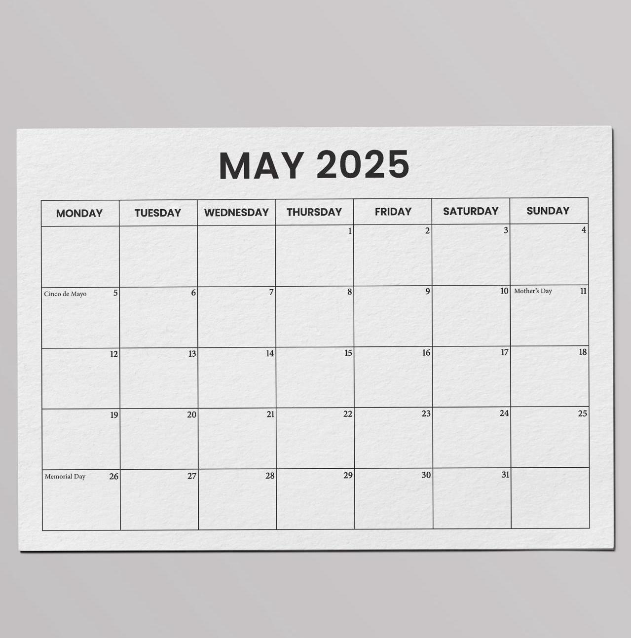 May 2025 Calendar With Holidays, Sunday & Monday Start, Printable Calendar, Blank Calendar, PDF,PNG,JPG 2025 Calendar, One Month Calendar - Etsy may-2025-calendar-with-holidays-sunday-monday-start-printable-calendar-blank-calendar-pdf-png-jpg-2025-calendar-one-month-calendar-etsy