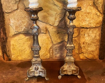 18th Century Meticulously Intricate Sacred English Silver Gilt Tall Candlesticks Pair Antique