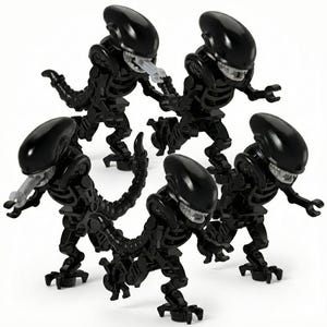 May include: Five black alien action figures with glossy, oval-shaped heads and skeletal bodies. Each figure has a detailed, articulated design, with visible rib cages and limbs. Some figures have a gray, tube-like object extending from their mouths. The figures are posed in dynamic positions.