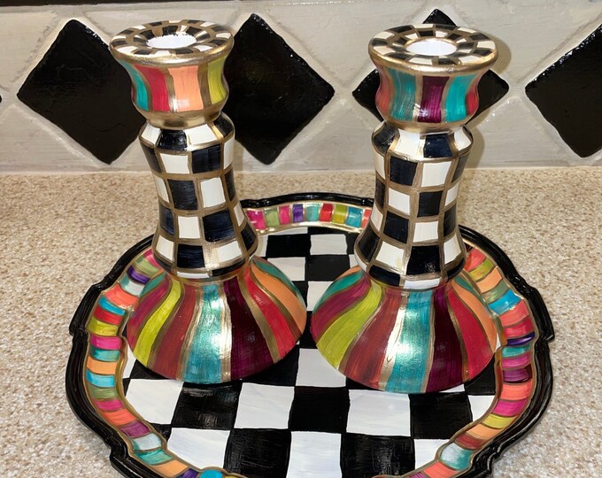 Designer Style Black and White Checkered Candlesticks and Tray Etsy