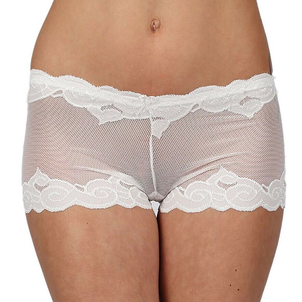 Women's Fine Mesh Fishnet Knickers with Lace Trim French Brief Shorts Ladies Bridal Boyshorts Hipster Sexy Wedding Lingerie Dress Hot Pants