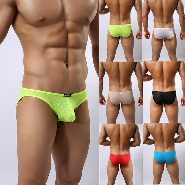 Men's Silky Soft Tight Fitted Semi See-Through Jacquard Brief Hot Sexy Muscle Underwear Opaque Posing Pouch Pants Boxers Knickers Lingerie