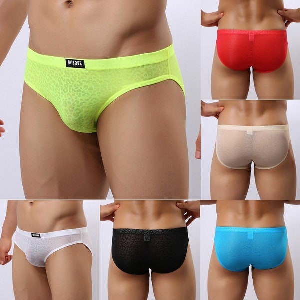 Men's Silky Soft Semi See-Through Jacquard Brief Hot Slinky Sexy Underwear Opaque Posing Pouch Pants Boxer Shorts Knickers Ice Silk Lingerie