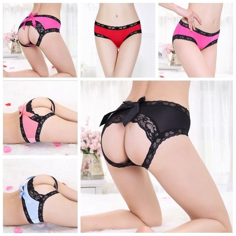 Women's Slinky Open Back Semi Sheer Knickers with Lace Trim & Silky Satin Bow Rear Backless Ladies Jockstrap Jock Strap Sexy Briefs Lingerie 