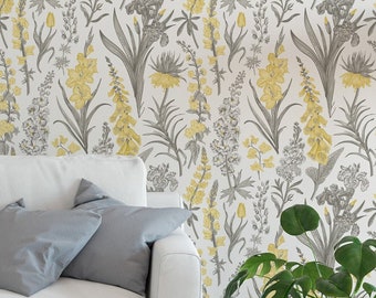 Flowers meadow botanical wallpaper - Peel and Stick Wallpaper - Removable Self Adhesive and Traditional wallpaper  3429
