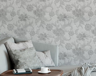 Gray wallpaper stone and flowers - Self Adhesive Peel and Stick - Traditional Wallpaper  3437