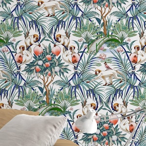 Removable Self Adhesive and Traditional wallpaper Peel & Stick Wallpaper - Monkeys and leaves 3445