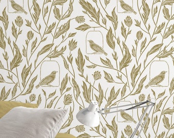 Birds and leaves Wallpaper - Peel & Stick and Traditional wallpaper NEW  #3595