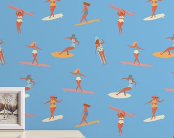 Surfing girls Retro Wallpaper - Peel & Stick Wallpaper - Removable Self Adhesive and Traditional wallpaper #3531