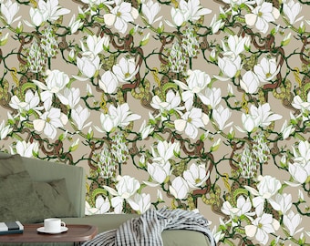 White flowers wallpaper - Peel & Stick Wallpaper - Removable Self Adhesive and Traditional wallpaper #3528