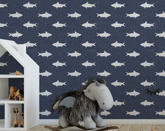 Dark wallpaper, sea life, denim wallpaper, linen seamless - Peel and Stick wallpaper -  Traditional wallpaper #3431