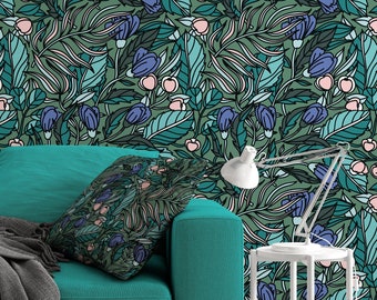 Green buds and leaves - Peel and stick wallpaper, Removable , traditional wallpaper  3063