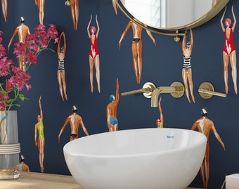 Swimmers Retro Wallpaper Navy Gray Background - Peel & Stick Wallpaper - Removable Self Adhesive and Traditional wallpaper  3447