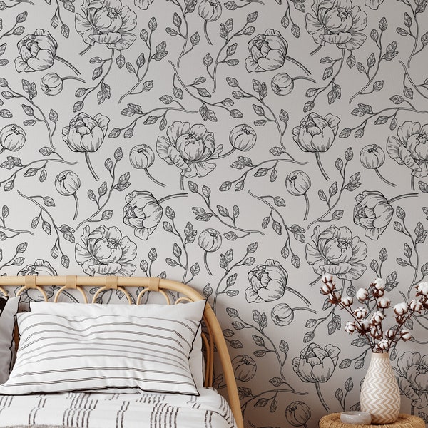 Boho wallpaper, black and white flowers - Peel and stick wallpaper, Removable , traditional wallpaper -  3545