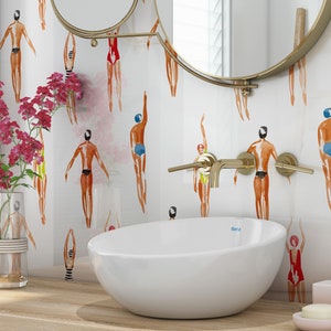 Swimmers Retro White Wallpaper - Peel & Stick Wallpaper - Removable Self Adhesive and Traditional wallpaper  3402