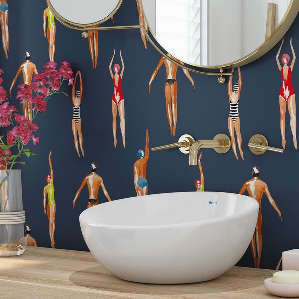 Swimmers Retro Wallpaper Navy Gray Background - Peel & Stick Wallpaper - Removable Self Adhesive and Traditional wallpaper  3447