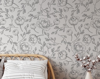 Boho wallpaper, black and white flowers - Peel and stick wallpaper, Removable , traditional wallpaper -  3545