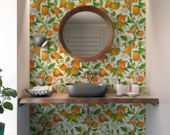 Summer orchard, oranges, tangerine wallpaper, renter friendly - Peel and stick wallpaper - Traditional wallpaper  3314