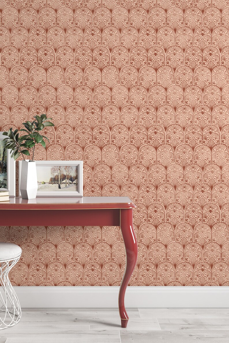 Boho design, red stamps, abstract, art deco Peel and stick wallpaper, Removable , traditional wallpaper 3225 image 2