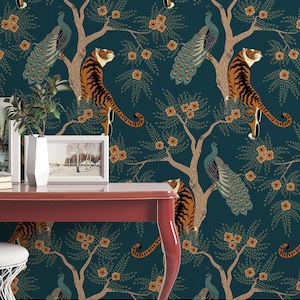 Tigers and peacocks in the garden - Peel & Stick Wallpaper - deep green leaves 3253