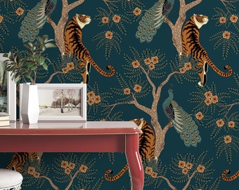 Tigers and peacocks in the garden - Peel & Stick Wallpaper - deep green leaves 3253