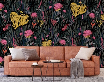 EXCLUSIVE PATTERNS Modern jungle  heart-shaped lion - Peel & Stick Murals Wallpaper - Removable Self Adhesive wallpaper #3221