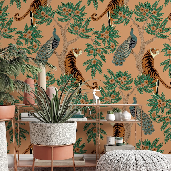 Animals design, tigers with peacoks and trees - Peel & Stick Wallpaper - Removable Self Adhesive and Traditional wallpaper  3183