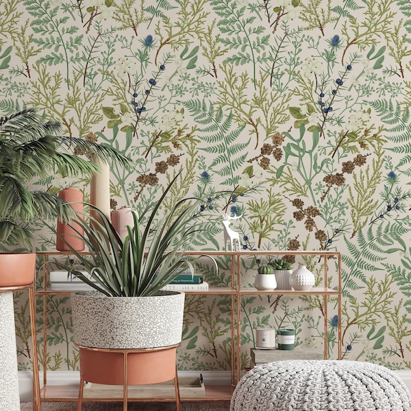 Removable and Renter Friendly, Fern Botanical Wallpaper, Peel and Stick and Traditional Wallpaper, Leaves Wall Art, Self Adhesive 3453