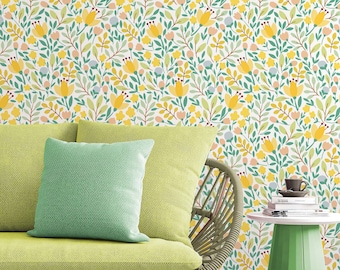 Watercolor Spring  flowers  - Peel and stick wallpaper, Removable , traditional wallpaper -  3283