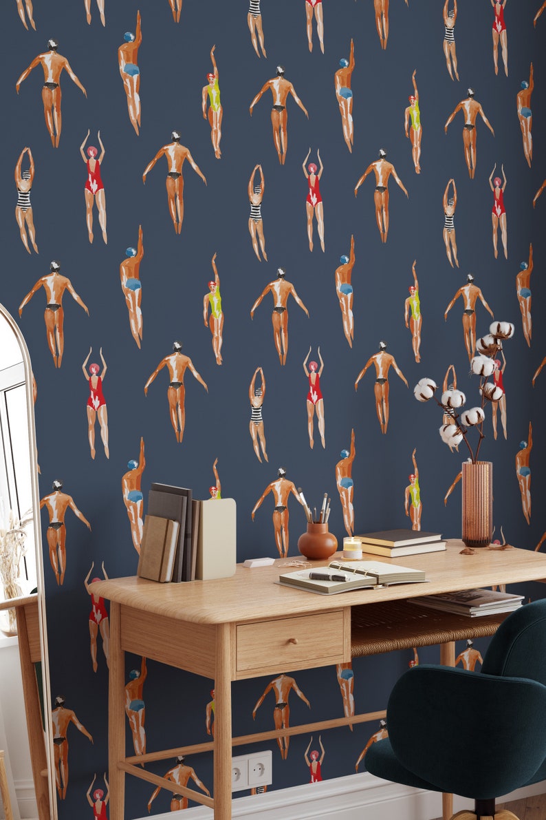 Swimmers Retro Wallpaper Navy Gray Background Peel & Stick - Etsy