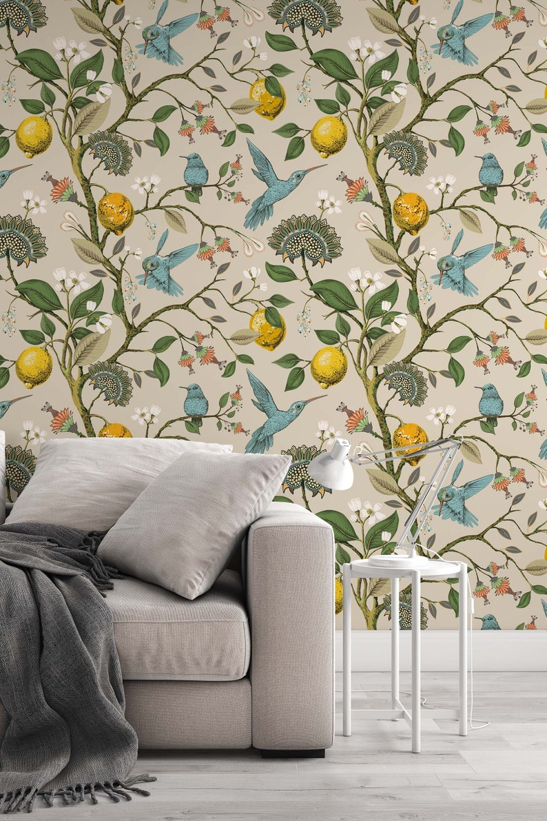 Hummingbirds and lemons Peel & Stick Wallpaper Removable Self Adhesive and Traditional wallpaper 3284 image 1