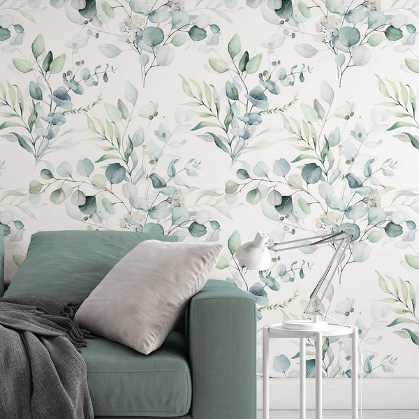 Eucalyptus leaves, botanical design, floral, boho, watercolor  - Peel and stick wallpaper, Removable , traditional wallpaper -  53307