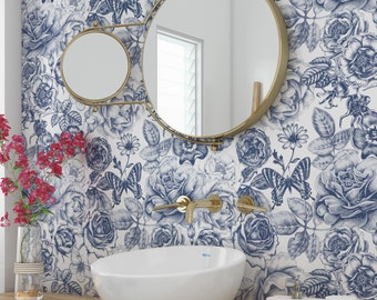Vintage blue flowers wallpaper - Peel and Stick - Traditional wallpaper - Removable Self Adhesive design  3271