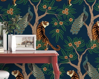 Animals design, Tigers and peacocks in the garden - Peel & Stick Wallpaper - Removable Self Adhesive and Traditional wallpaper  3146