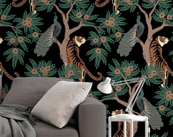 Tigesr and Peacocks in the garden on the black background, animals - Peel & Stick Wallpaper - Removable Self Adhesive #3212