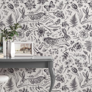 Black and White Rabbits Peel&stick and Traditional Wallpaper - Etsy