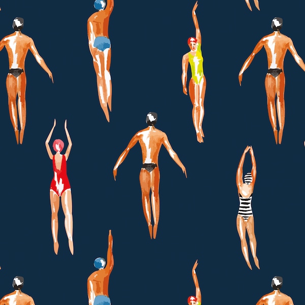 Swimmers Retro Wallpaper Navy Blue Background - Peel & Stick Wallpaper - Removable Self Adhesive and Traditional wallpaper  3448