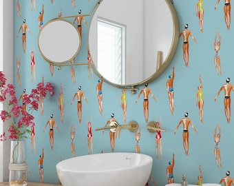 Swimmers Retro Wallpaper - Peel & Stick Wallpaper - Removable Renters friendly Self Adhesive and Traditional unpasted wallpaper  3378