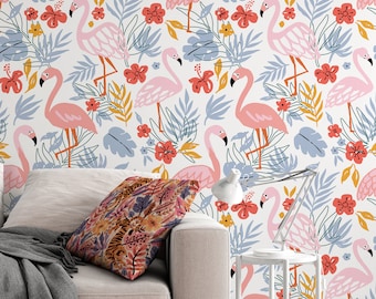 Flamingo in the garden, tropical  - Peel & Stick Wallpaper - Removable Self Adhesive and Traditional wallpaper  3101